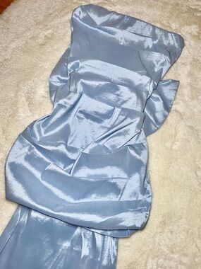 NWT Powder Blue Satin Strapless Evening Dress With Floor Length Back Bow